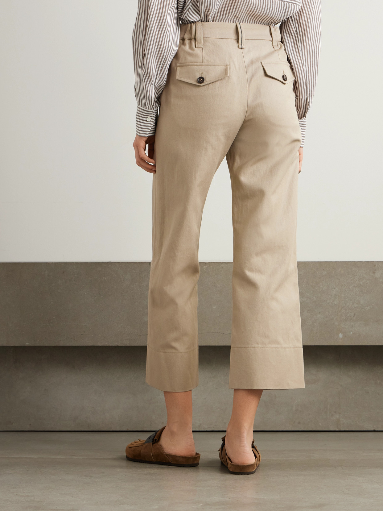 Brunello Cucinelli Bead-embellished Cropped Cotton And Linen-blend Twill Straight-leg Pants In Neutrals