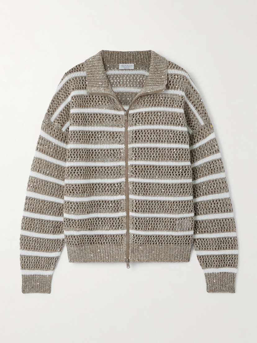 Brunello Cucinelli Sequined Striped Open-knit Linen-blend Cardigan