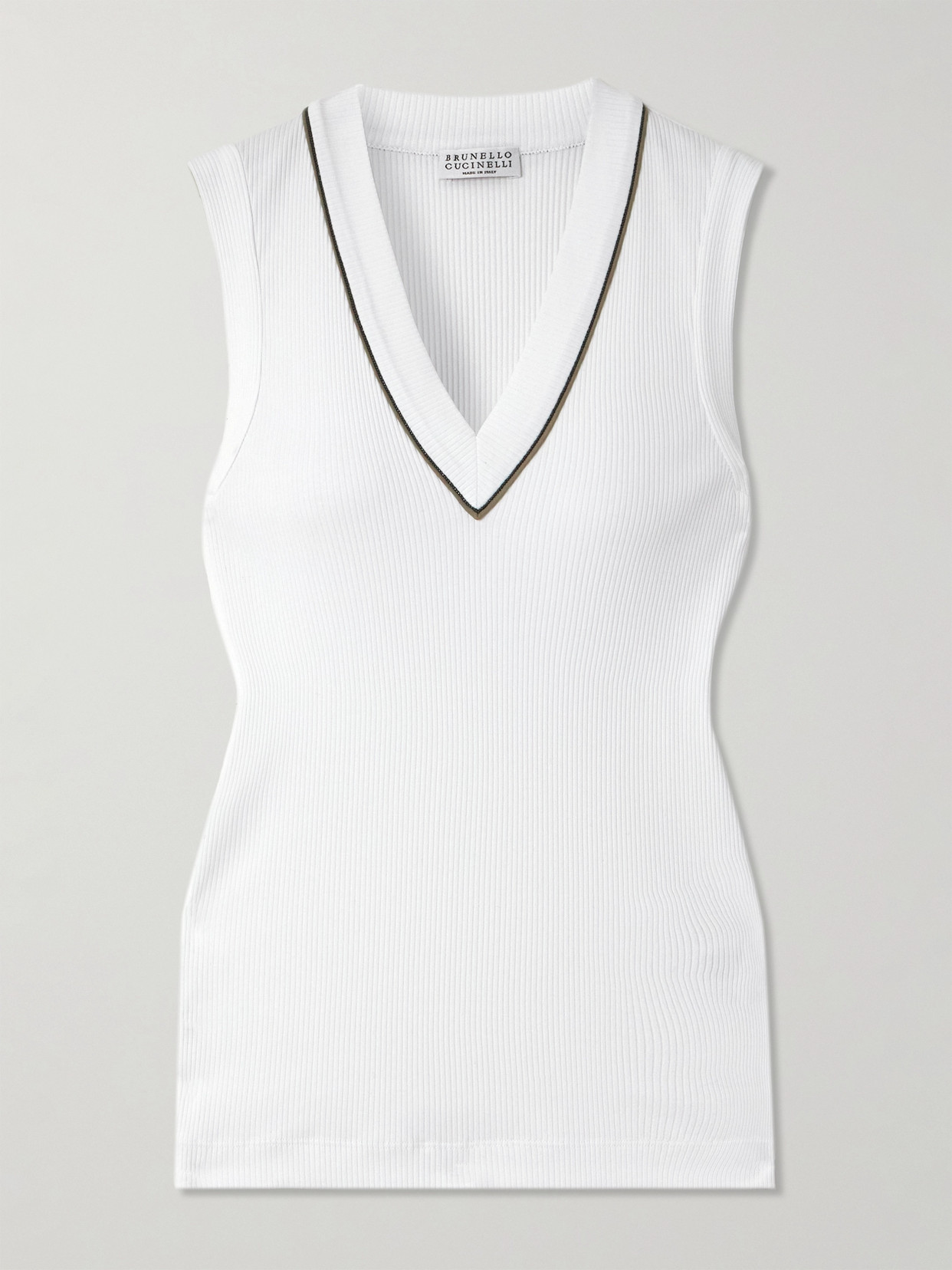 Brunello Cucinelli Bead-embellished Ribbed Cotton-blend Tank In White