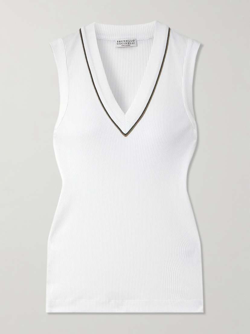 Brunello Cucinelli Bead-embellished Ribbed Cotton-blend Tank
