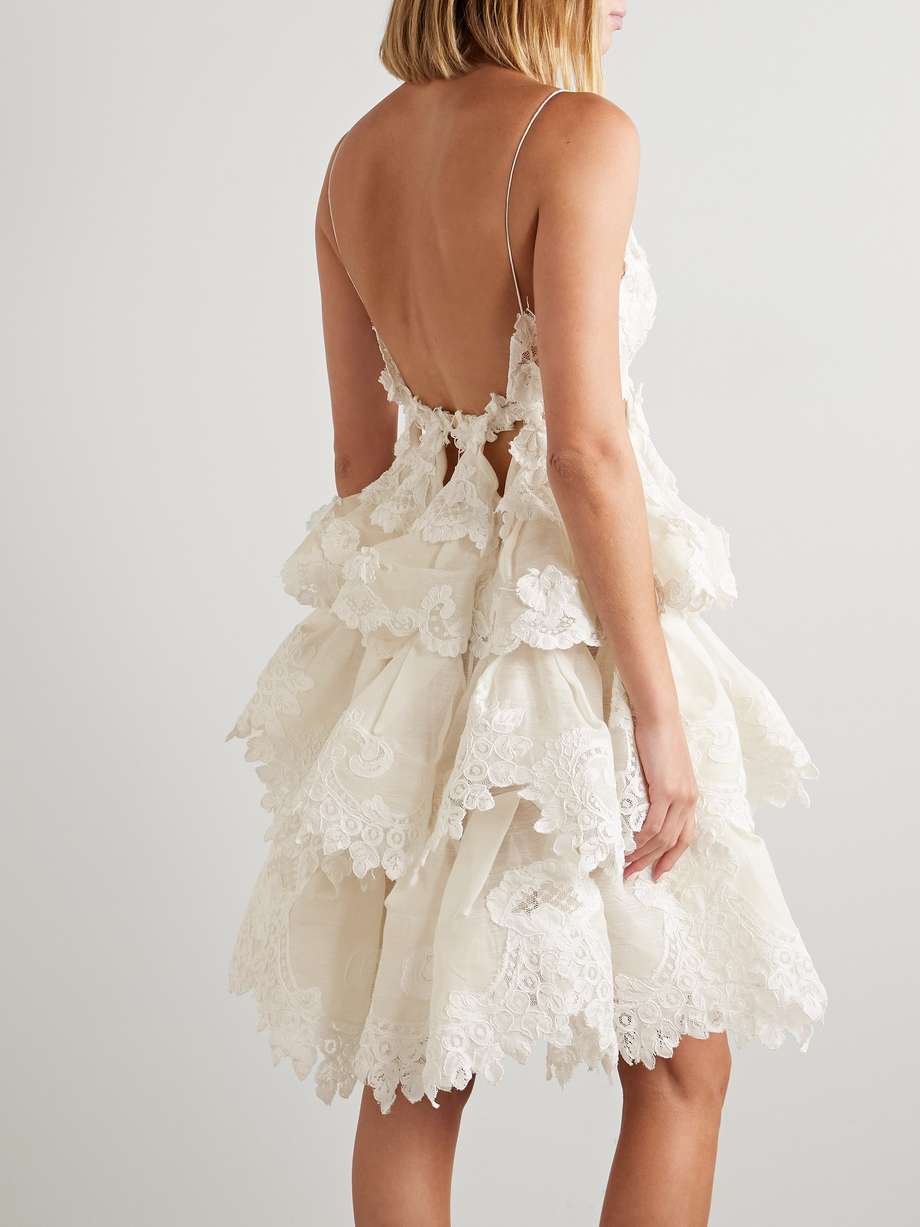 crush tiered ruffled lace-trimmed linen and silk-blend mini dress