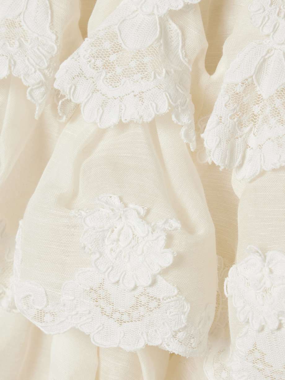 crush tiered ruffled lace-trimmed linen and silk-blend mini dress