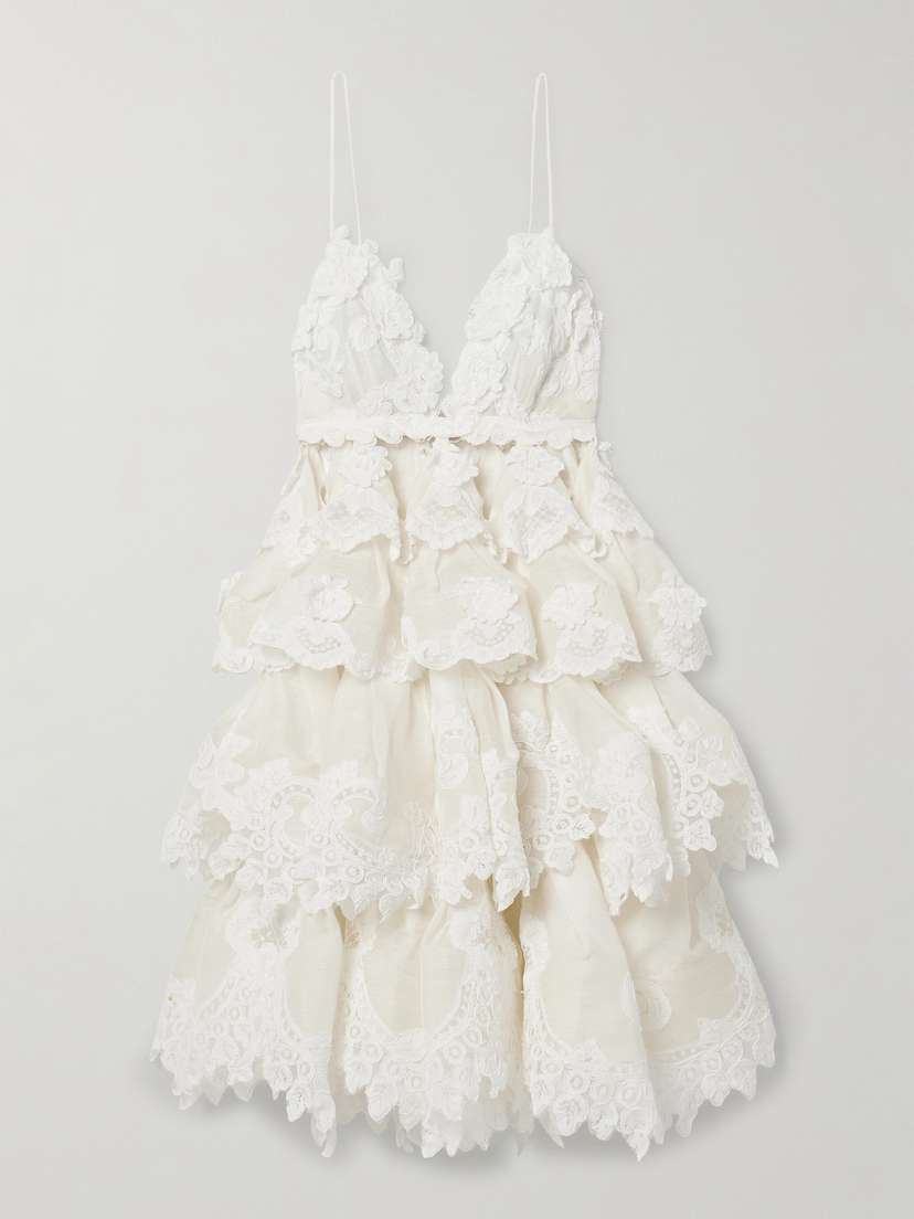 Zimmermann Crush Tiered Ruffled Lace-trimmed Linen And Silk-blend Mini Dress