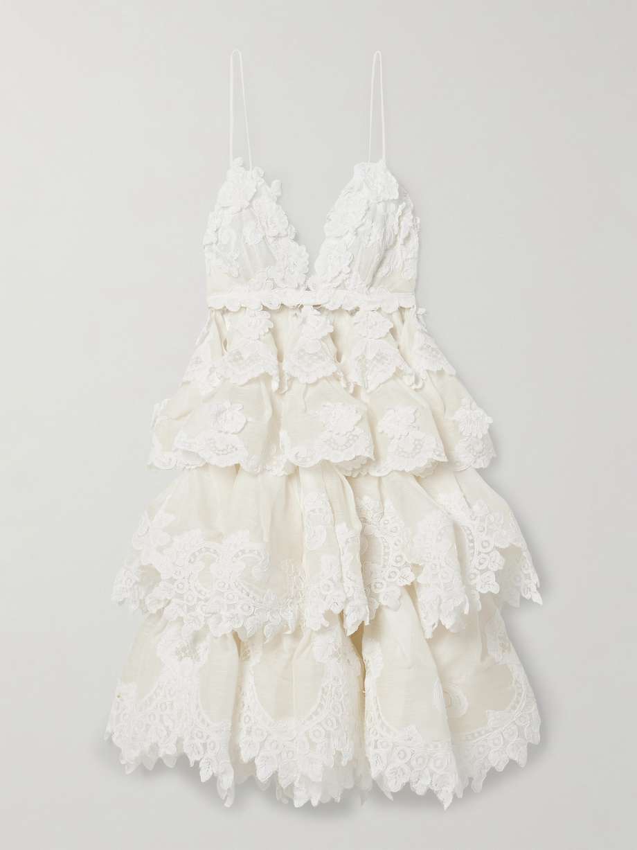 crush tiered ruffled lace-trimmed linen and silk-blend mini dress