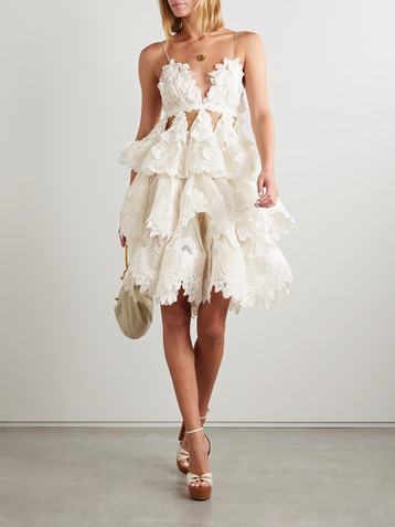 Zimmermann Crush tiered ruffled lace-trimmed linen and silk-blend mini dress