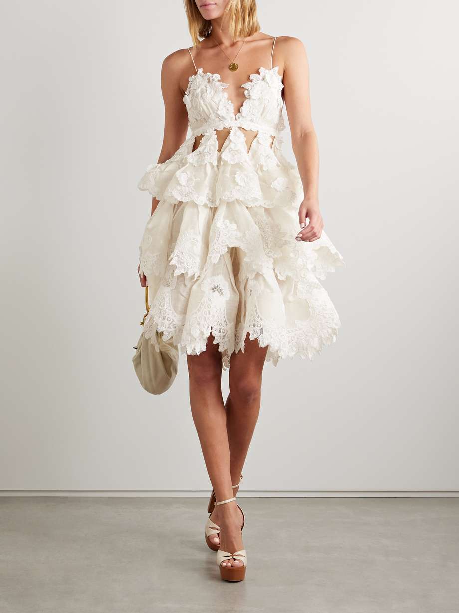 crush tiered ruffled lace-trimmed linen and silk-blend mini dress
