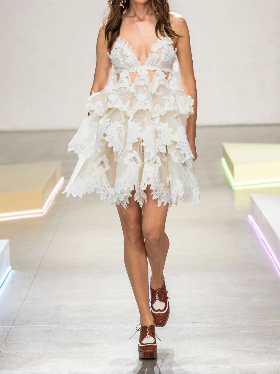 crush tiered ruffled lace-trimmed linen and silk-blend mini dress