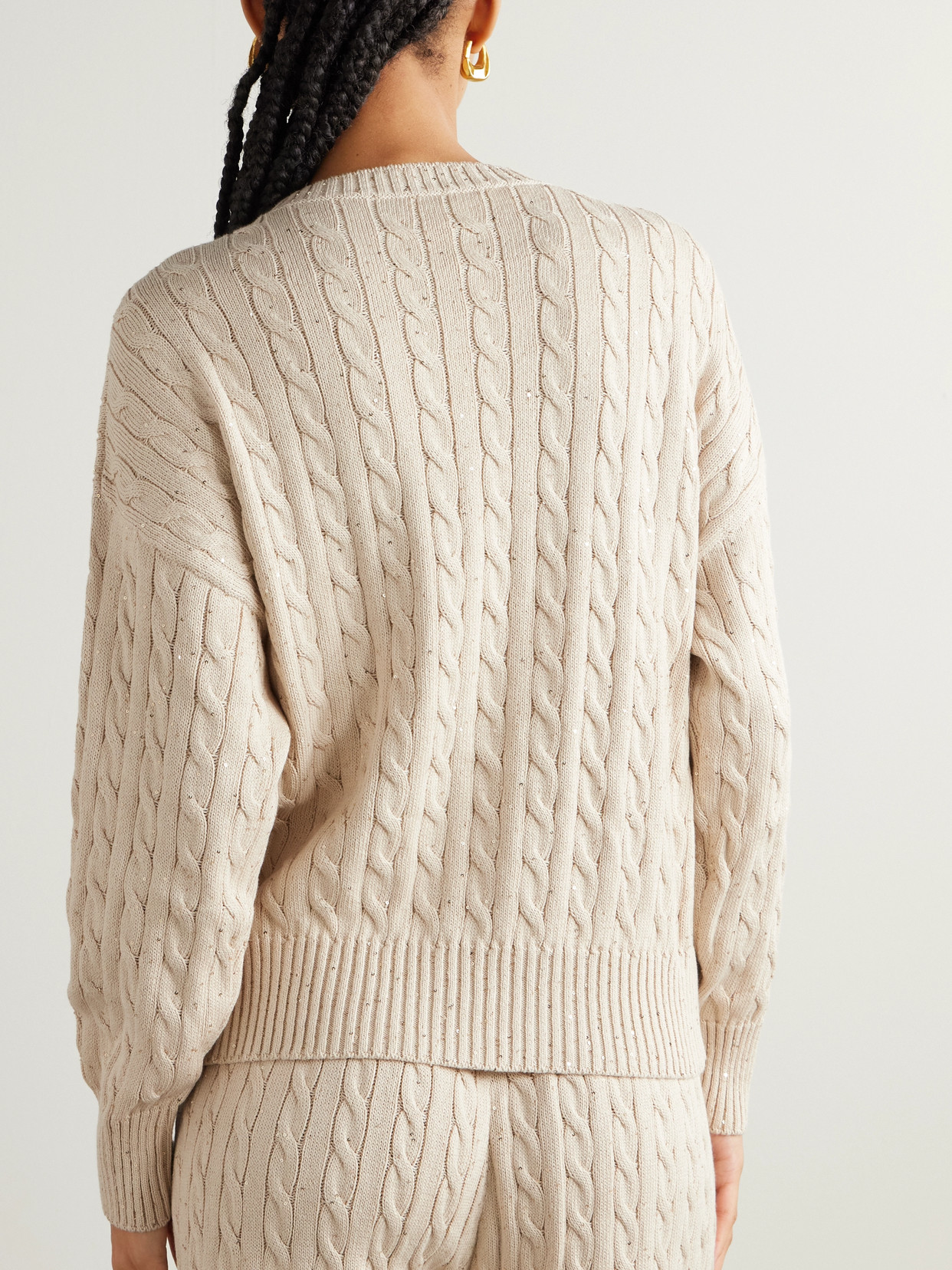 Brunello Cucinelli Sequin-embellished Cable-knit Cotton-blend Sweater In Neutrals