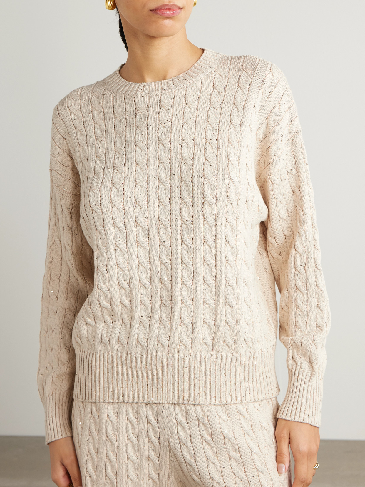 Brunello Cucinelli Sequin-embellished Cable-knit Cotton-blend Sweater In Neutrals