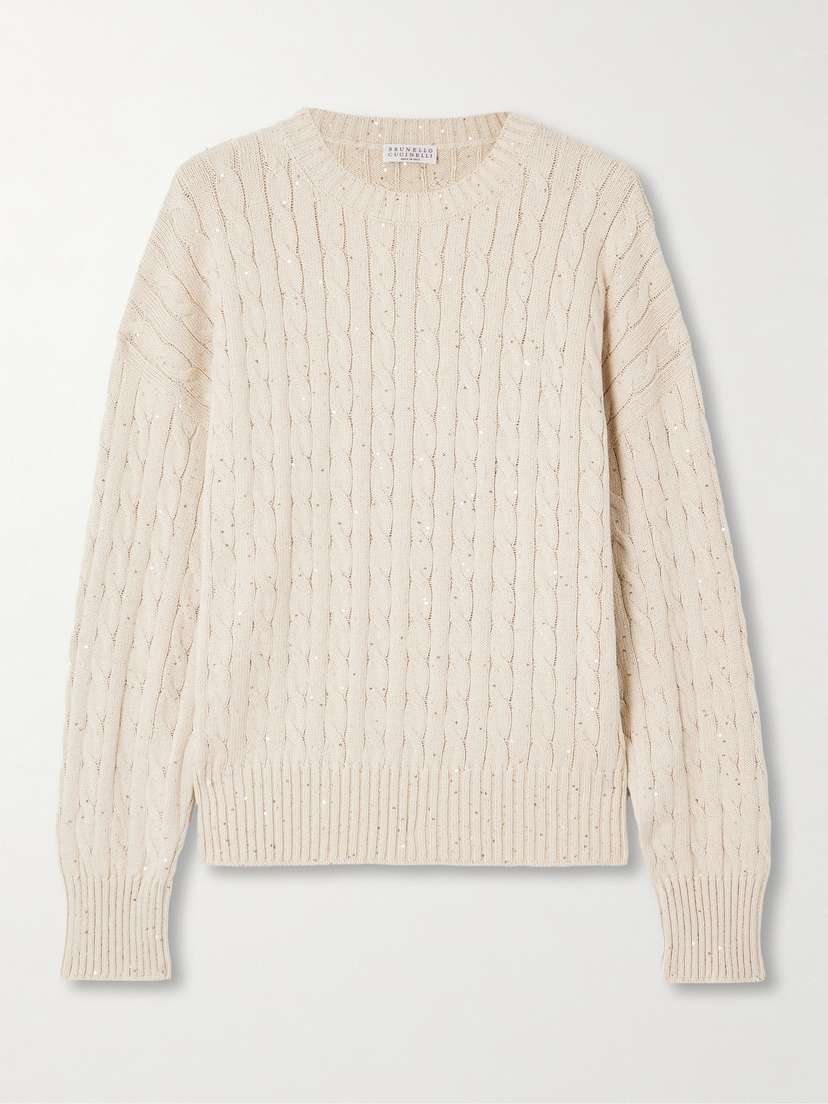 Brunello Cucinelli Sequin-embellished Cable-knit Cotton-blend Sweater