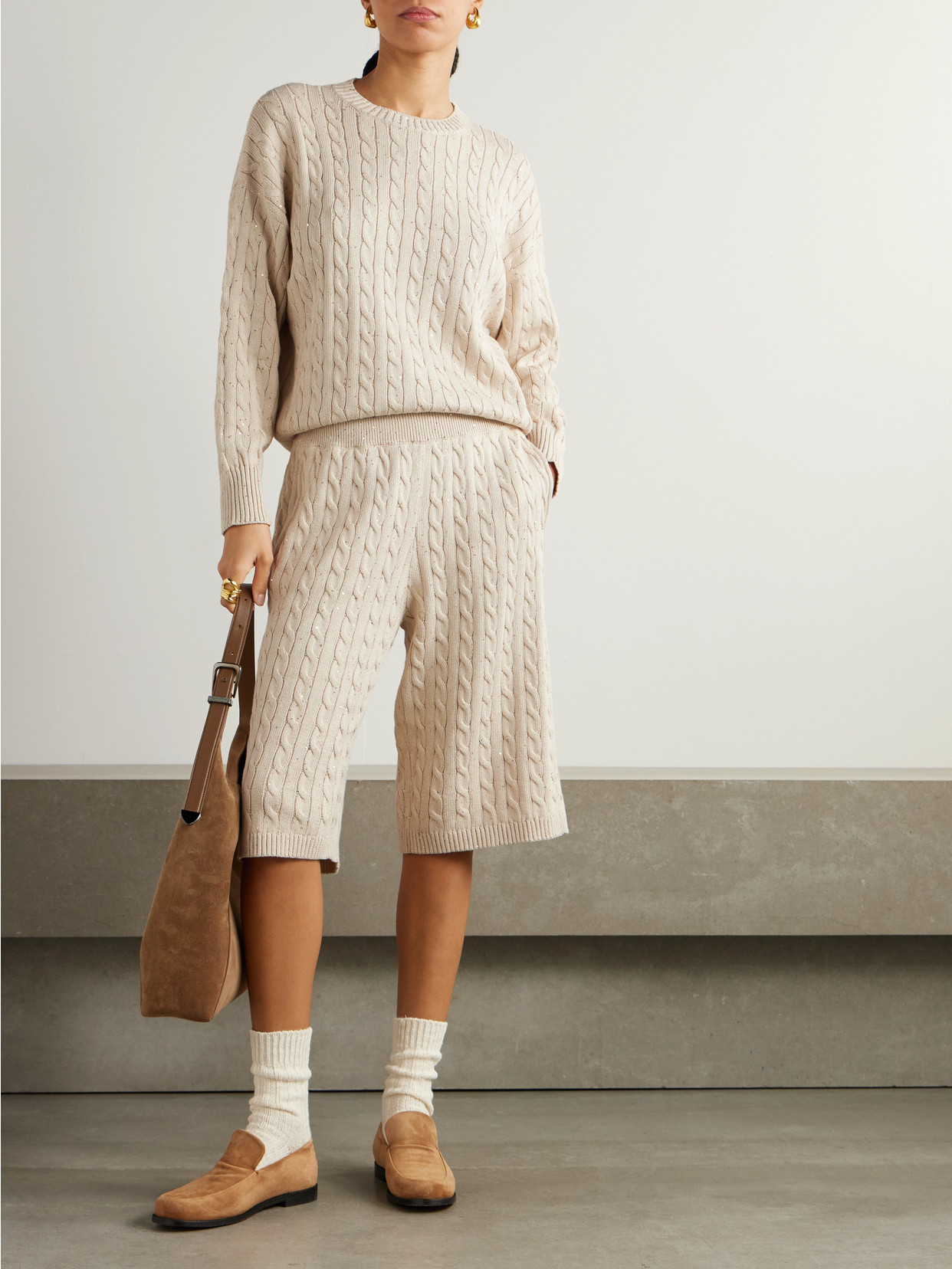 Brunello Cucinelli Sequin-embellished Cable-knit Cotton-blend Sweater In Neutrals