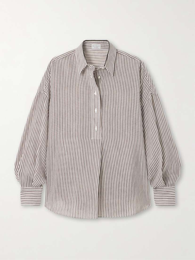 Brunello Cucinelli Bead-embellished Striped Linen And Silk-blend Shirt
