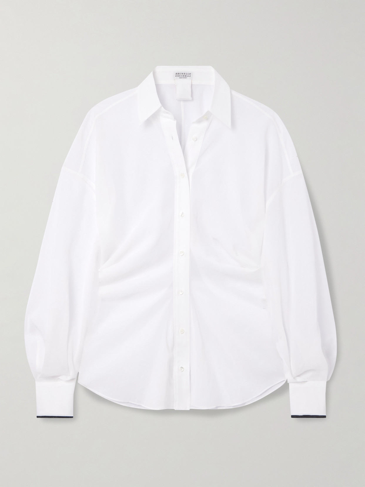Brunello Cucinelli Bead-embellished Gathered Cotton-voile Shirt In White