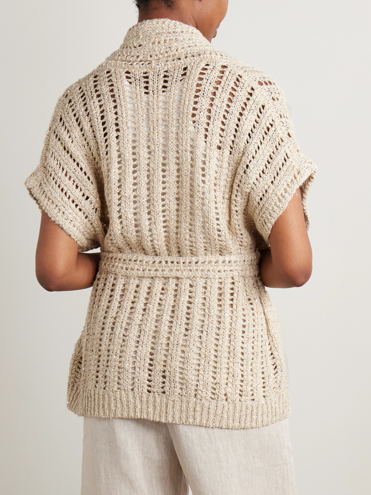 Brunello Cucinelli Belted Sequined Open-knit Cardigan In Neutrals
