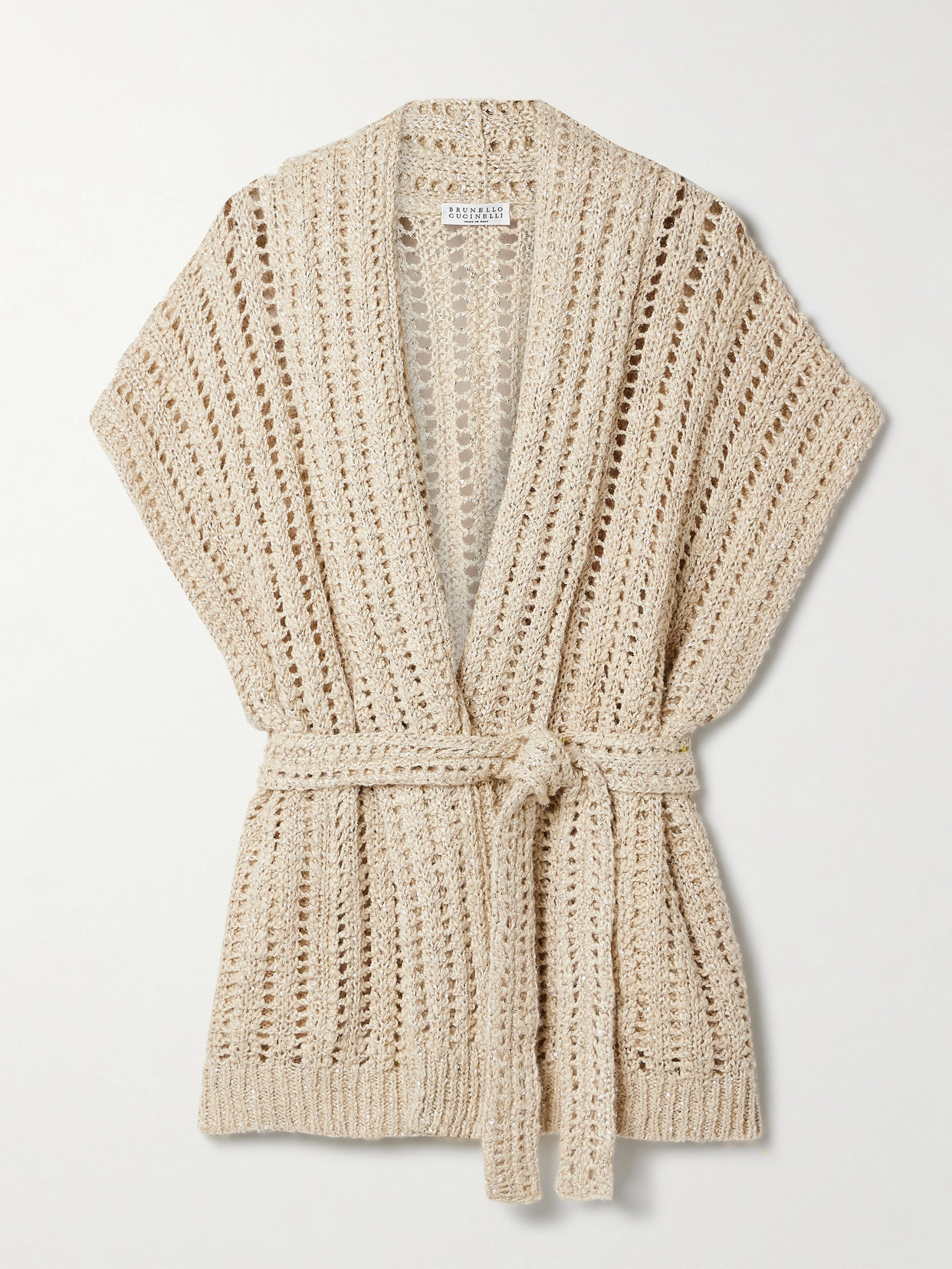 Brunello Cucinelli Belted Sequined Open-knit Cardigan In Neutrals