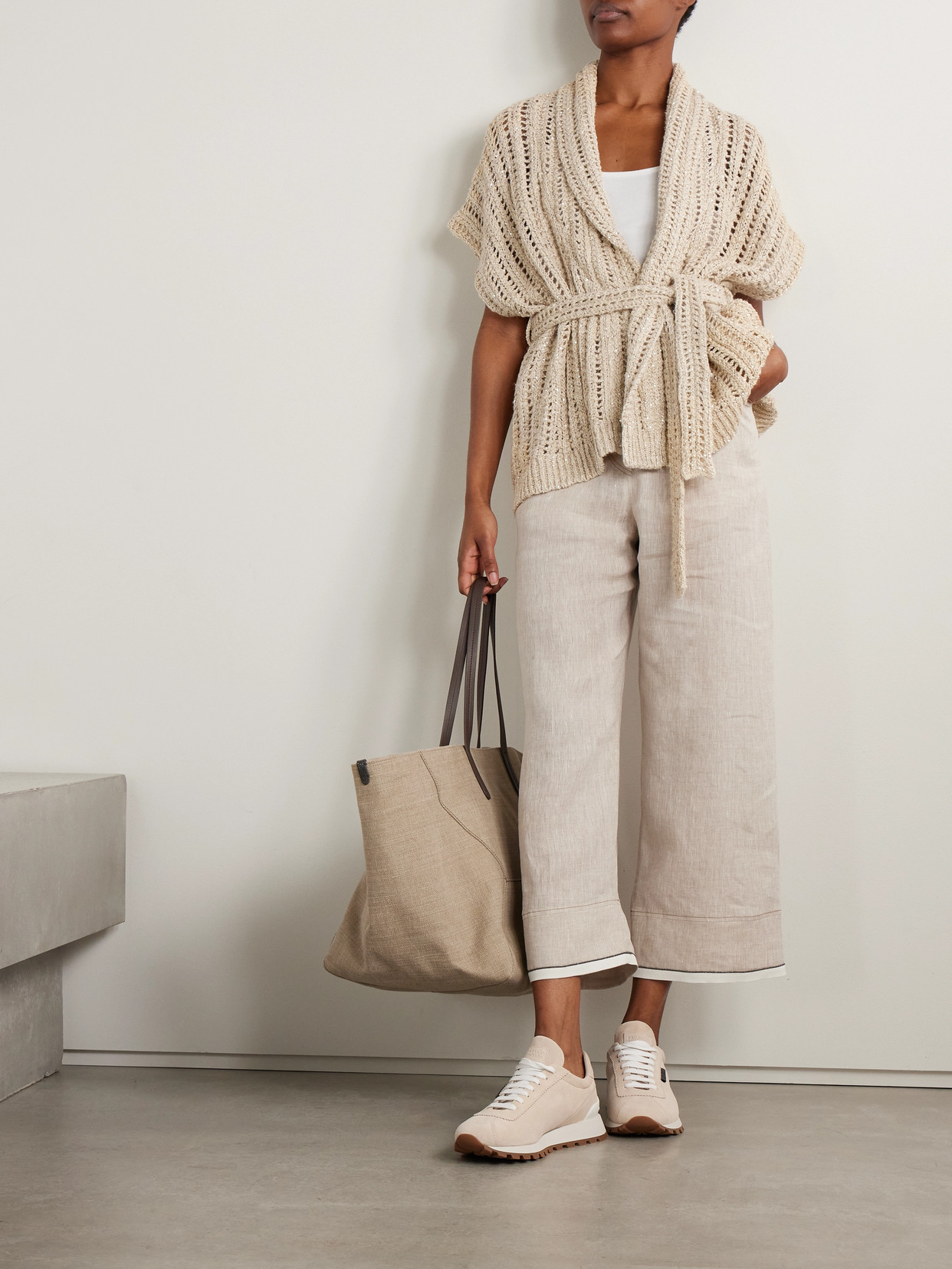 Brunello Cucinelli Belted Sequined Open-knit Cardigan In Neutrals