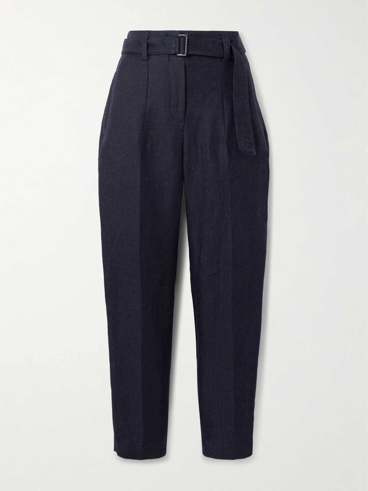 Brunello Cucinelli Belted Cropped Belted Linen-twill Tapered Pants In Blue