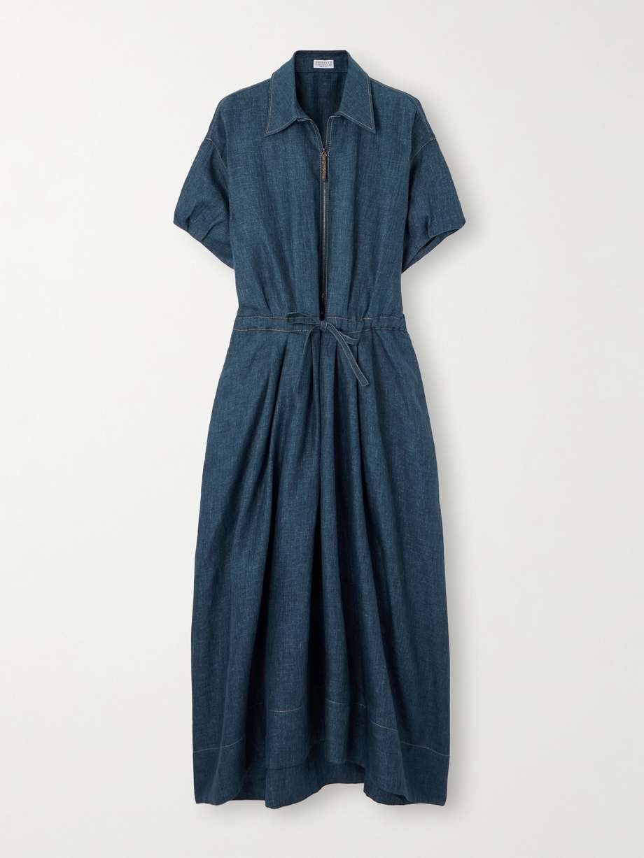 belted denim midi dress