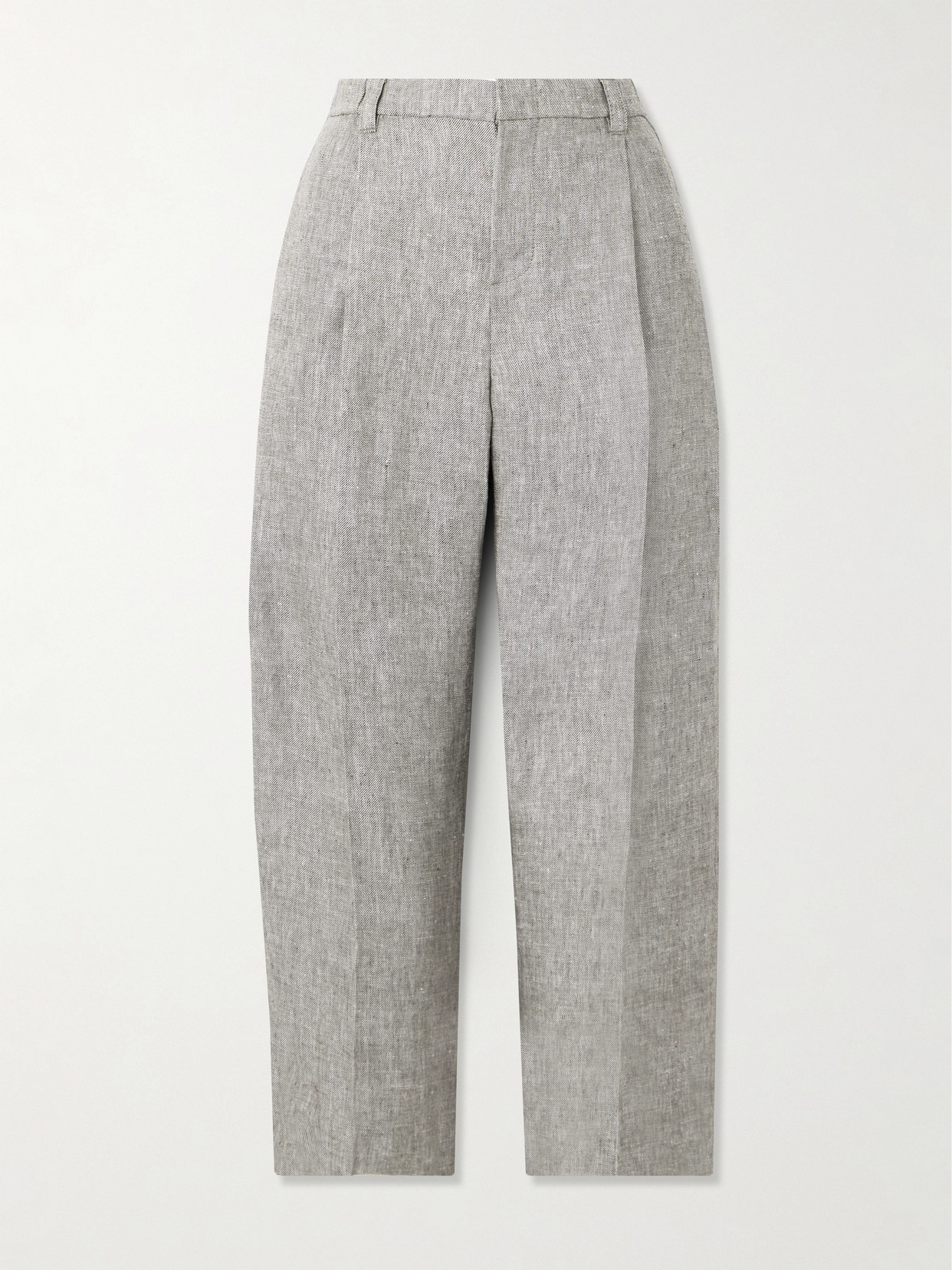Brunello Cucinelli Cropped Pleated Hemp And Linen-blend Straight-leg Pants In Gray