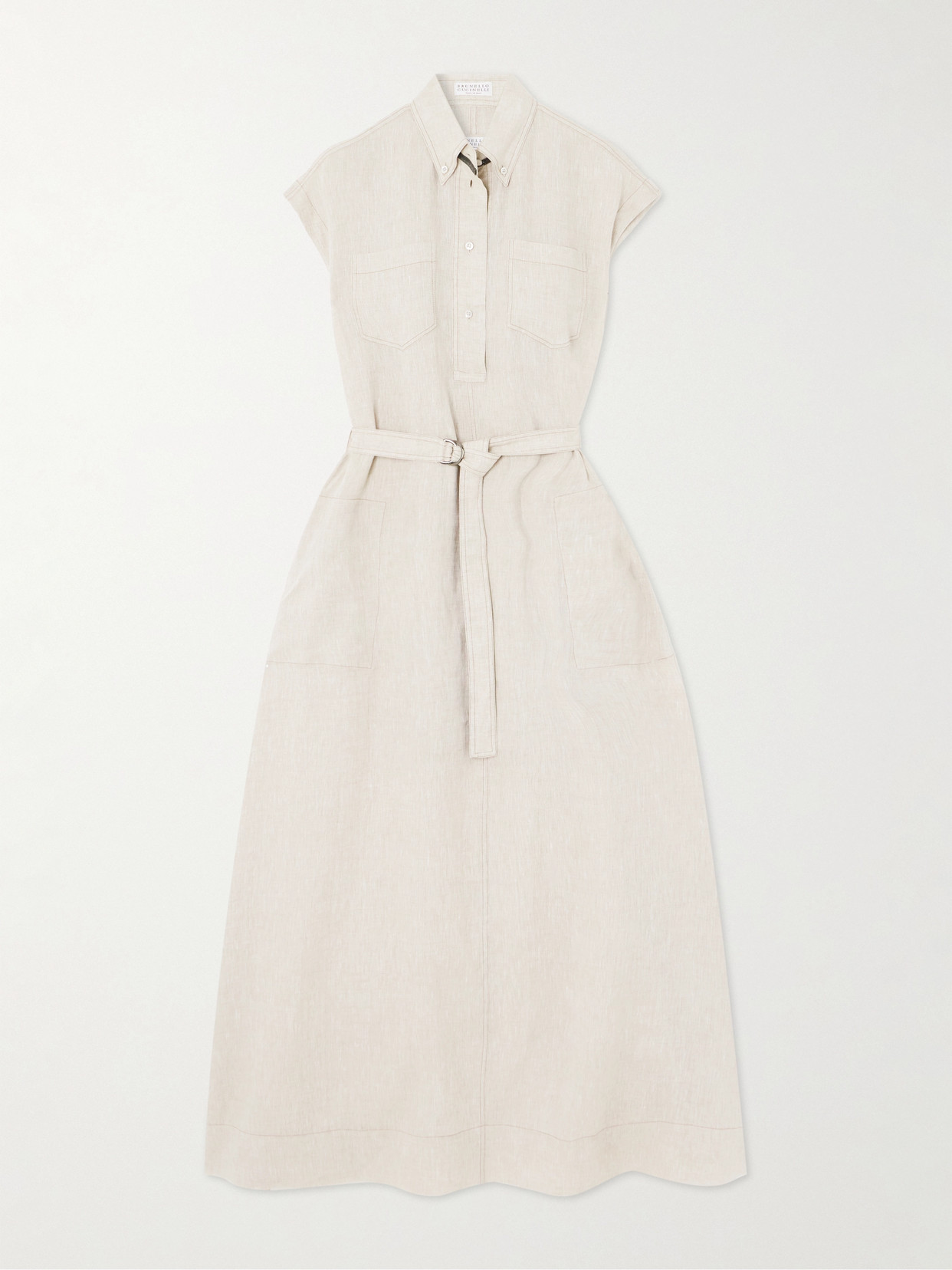 Brunello Cucinelli Belted Bead-embellished Linen Midi Dress In Neutrals