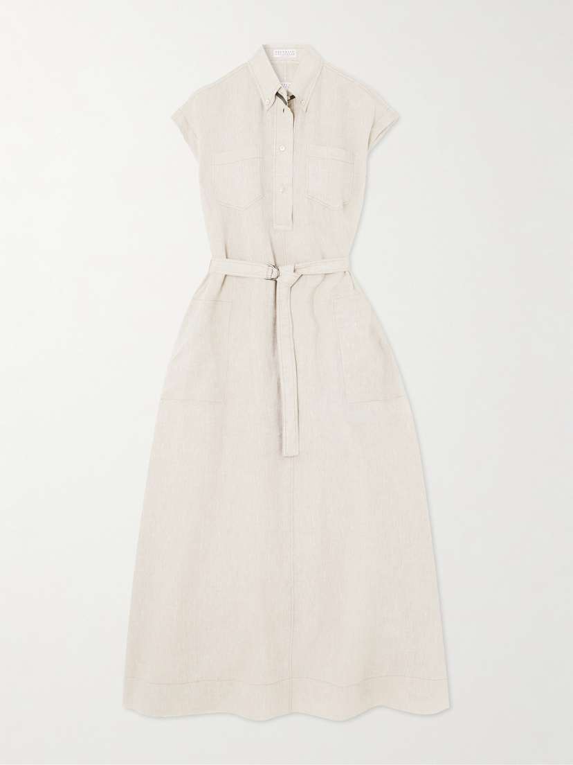 Brunello Cucinelli Belted Bead-embellished Linen Midi Dress
