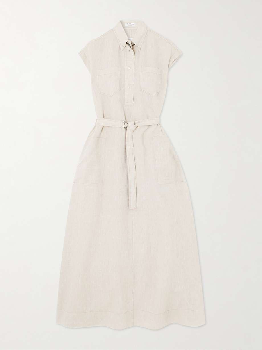 belted bead-embellished linen midi dress