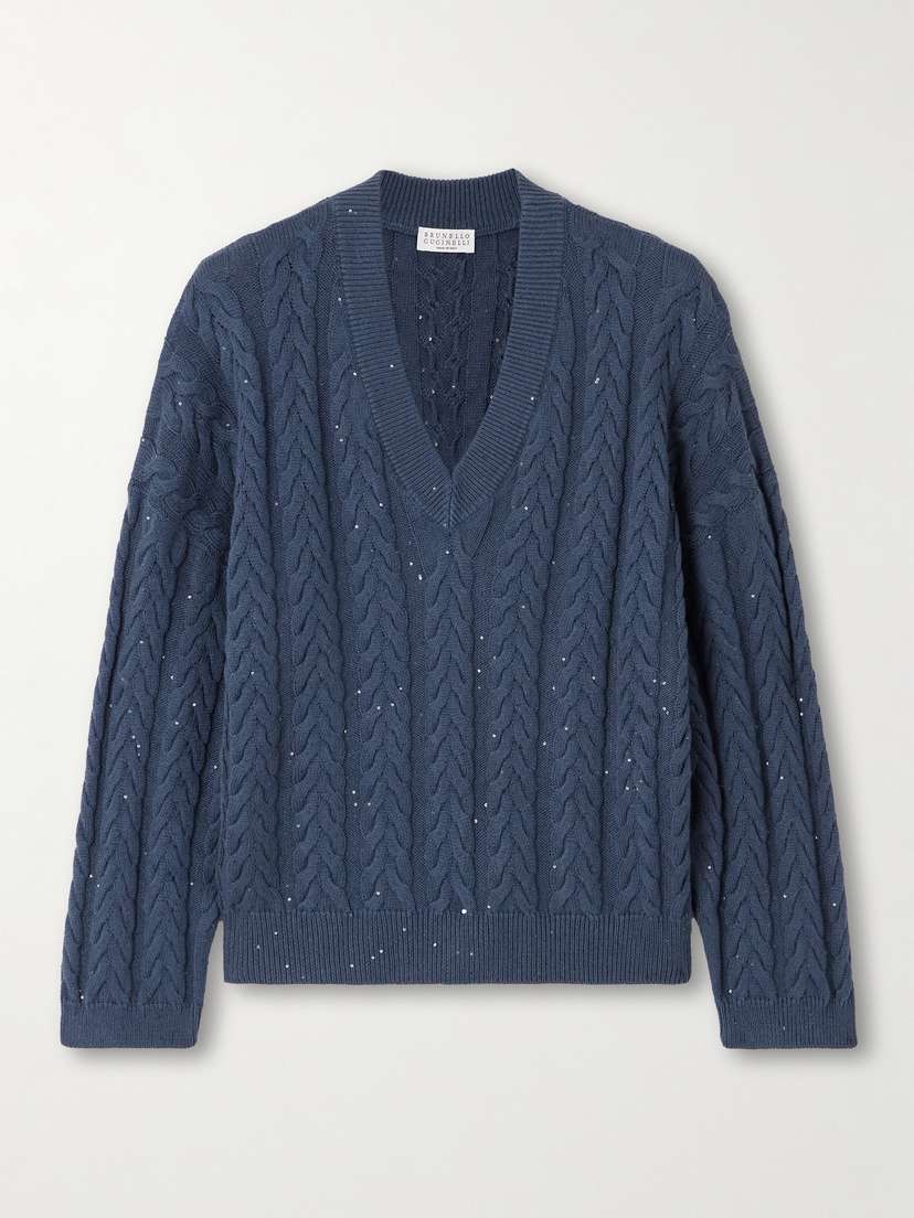 Brunello Cucinelli Sequin-embellished Cable-knit Cotton-blend Sweater