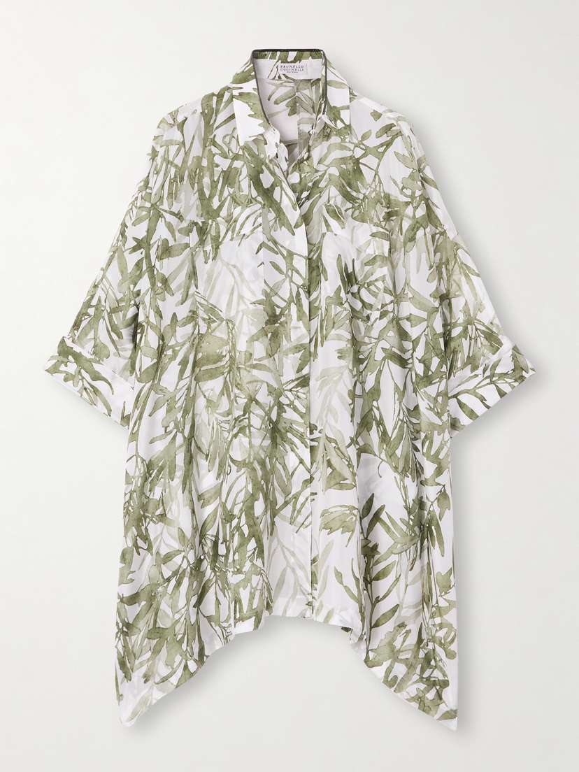 Brunello Cucinelli Asymmetric Printed Silk-twill Shirt