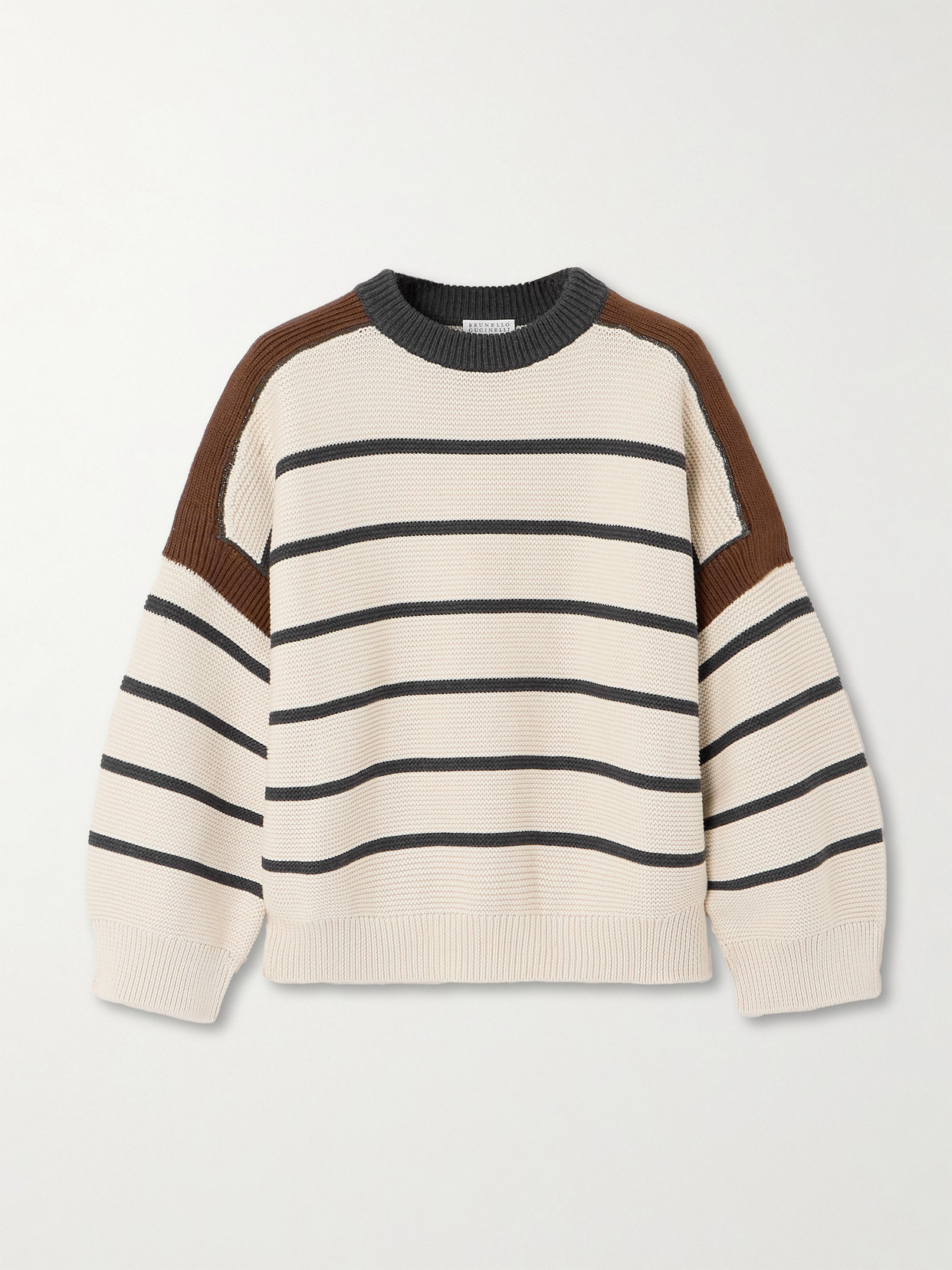 Brunello Cucinelli Striped Cotton Knit Oversized Sweater In Neutrals