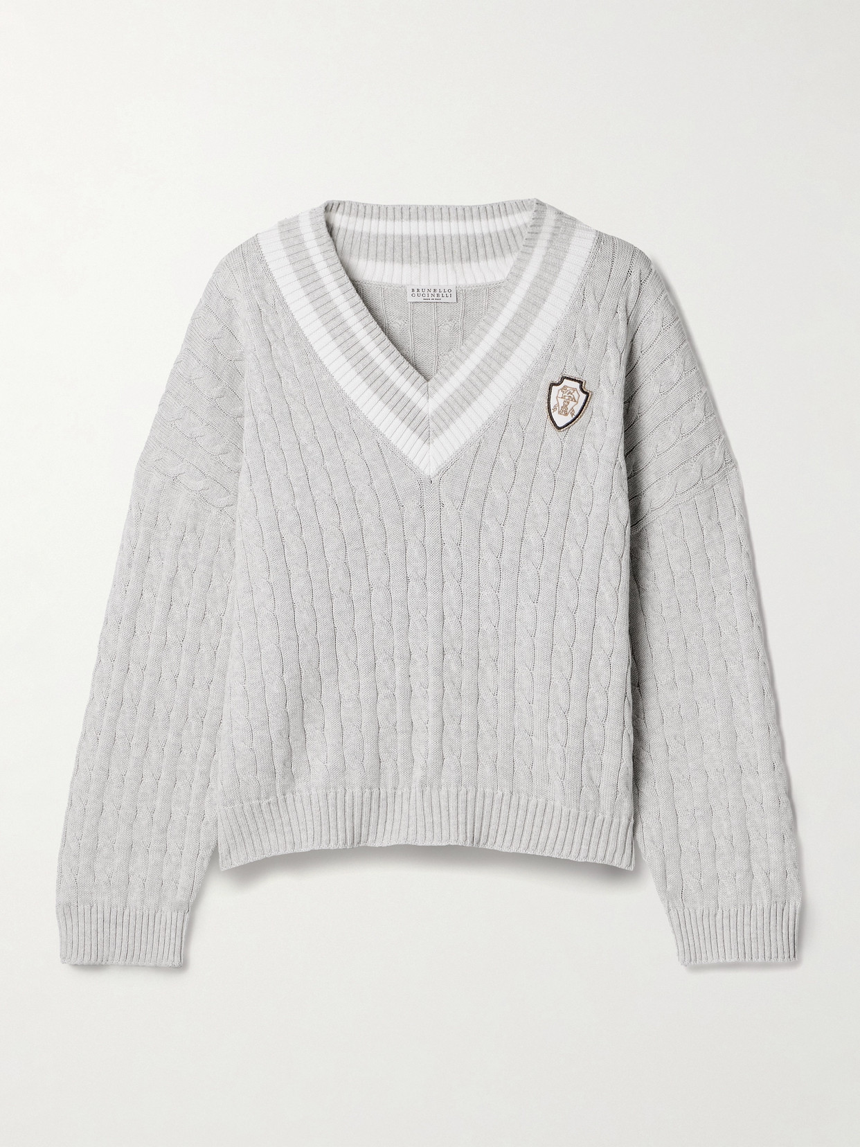 Brunello Cucinelli - Oversized Appliquéd Cable-knit Cotton Sweater - Gray