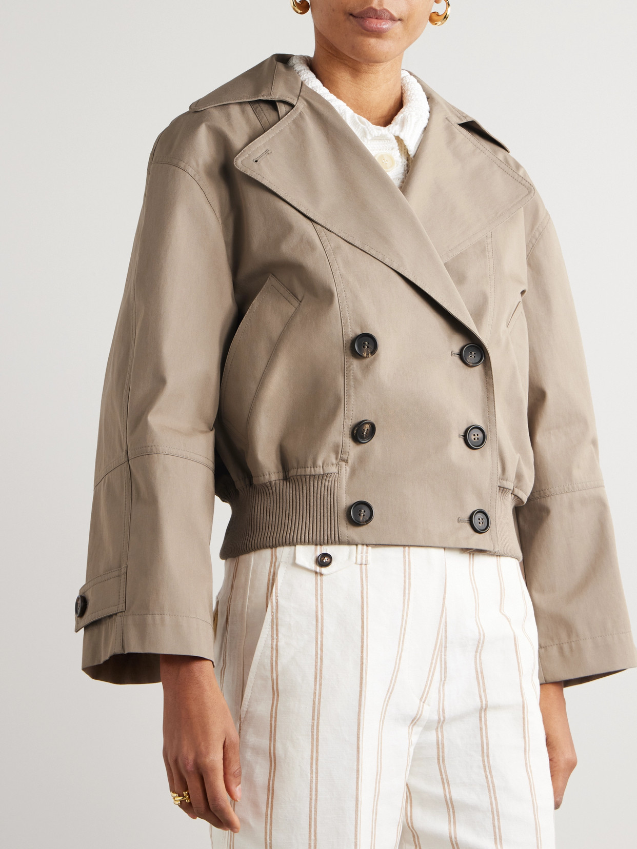 Brunello Cucinelli Double-breasted Cropped Cotton-blend Gabardine Trench Coat In Neutrals