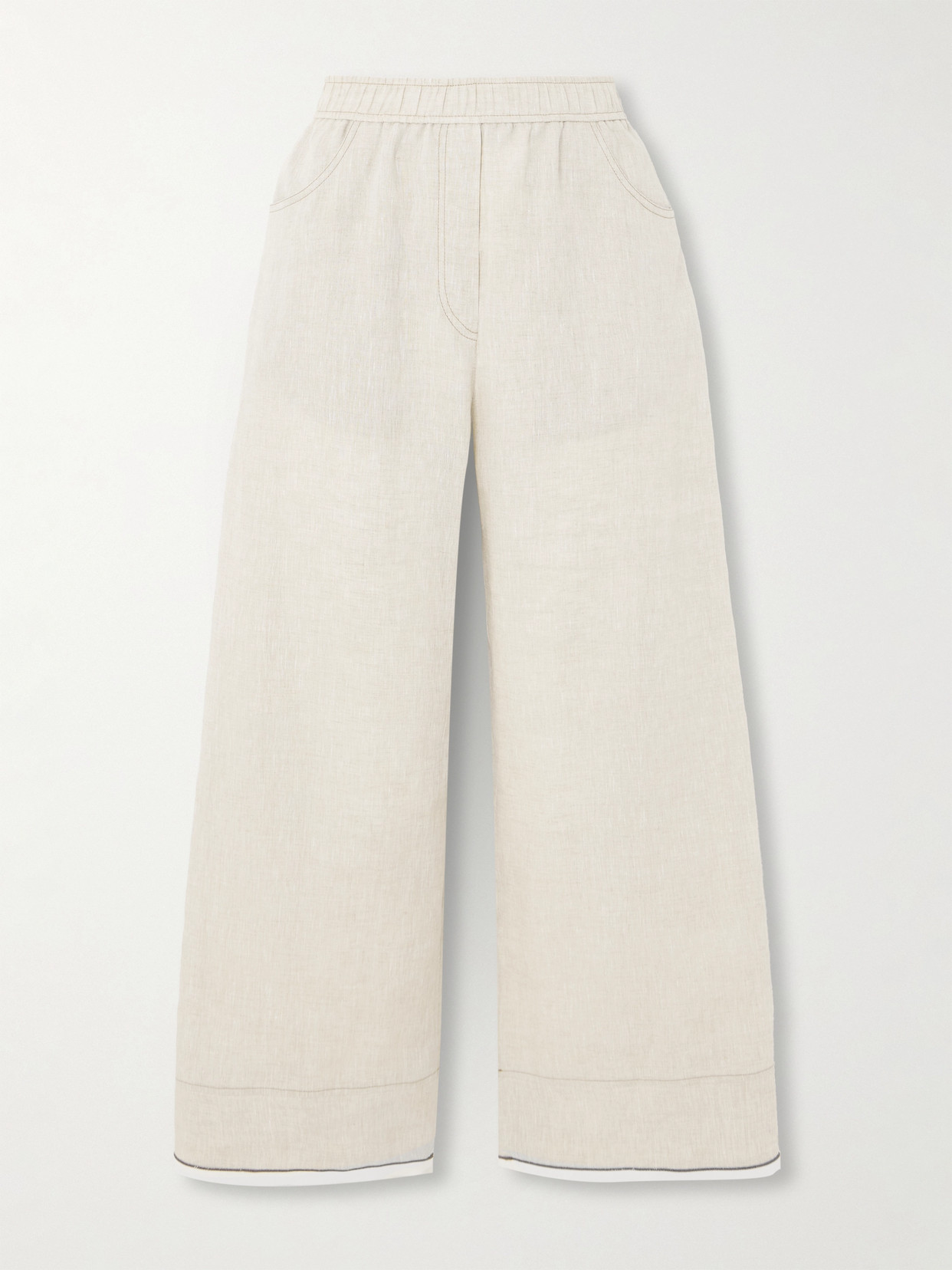 Brunello Cucinelli Cropped Bead-embellished Linen Wide-leg Pants In Neutrals