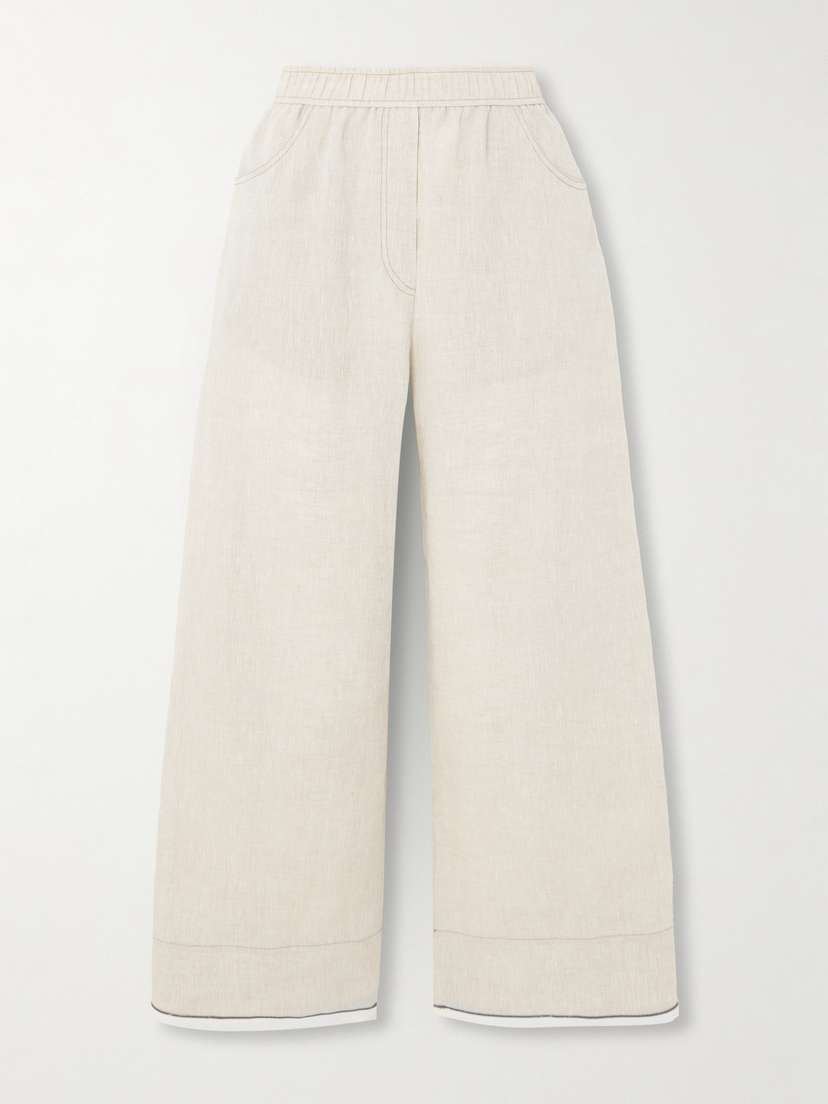 Brunello Cucinelli Cropped Bead-embellished Linen Wide-leg Pants