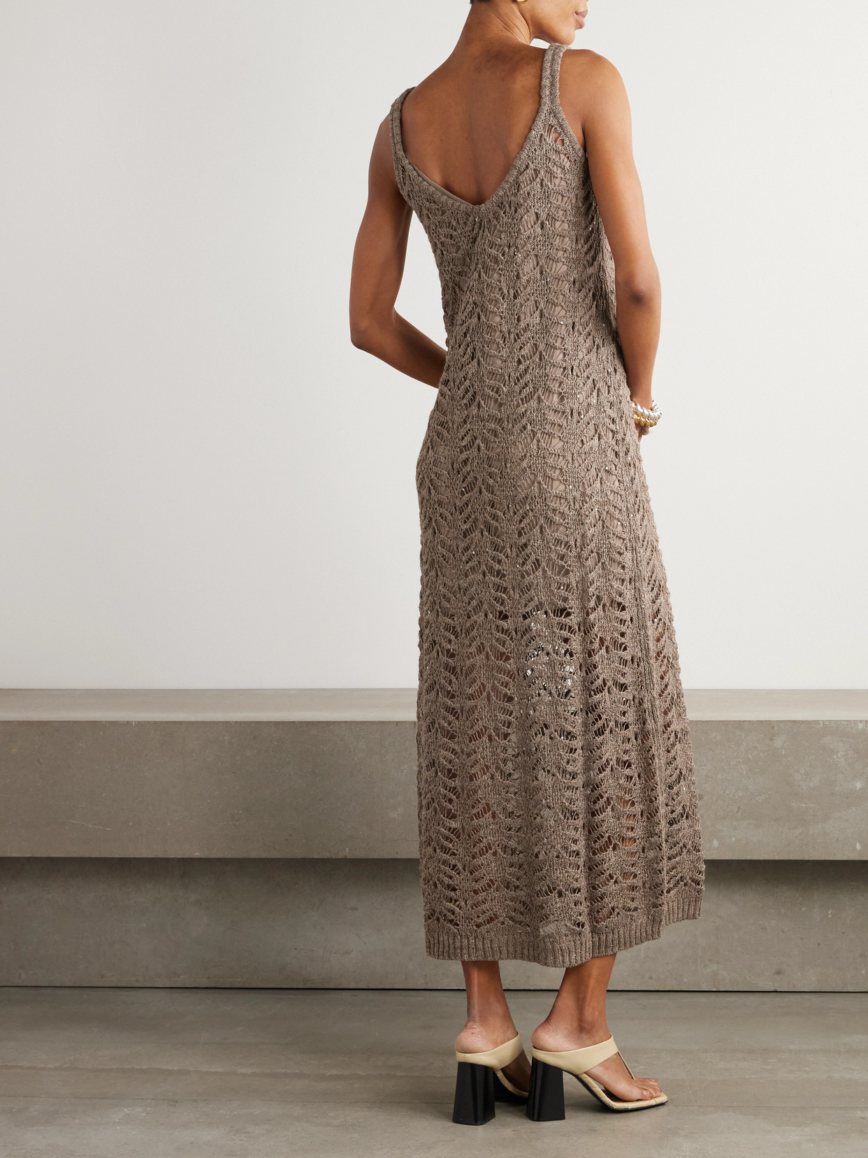 BRUNELLO CUCINELLI SEQUIN-EMBELLISHED OPEN-KNIT LINEN-BLEND MIDI DRESS