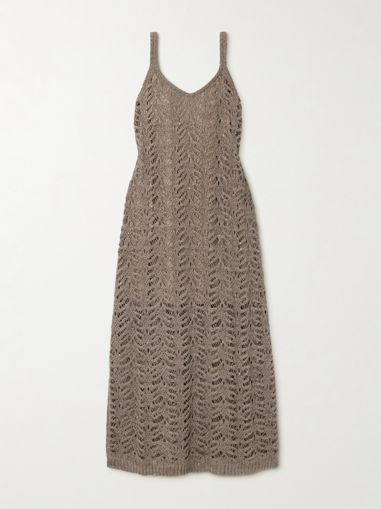Brunello Cucinelli Sequin-embellished Open-knit Linen-blend Midi Dress In Brown