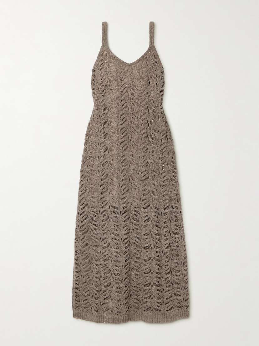 Brunello Cucinelli Sequin-embellished Open-knit Linen-blend Midi Dress
