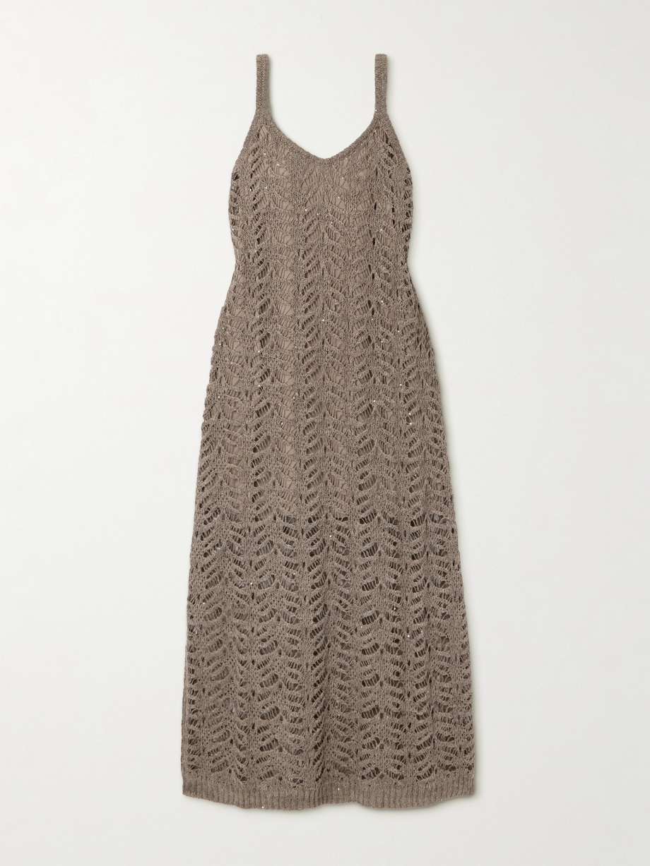 sequin-embellished open-knit linen-blend midi dress