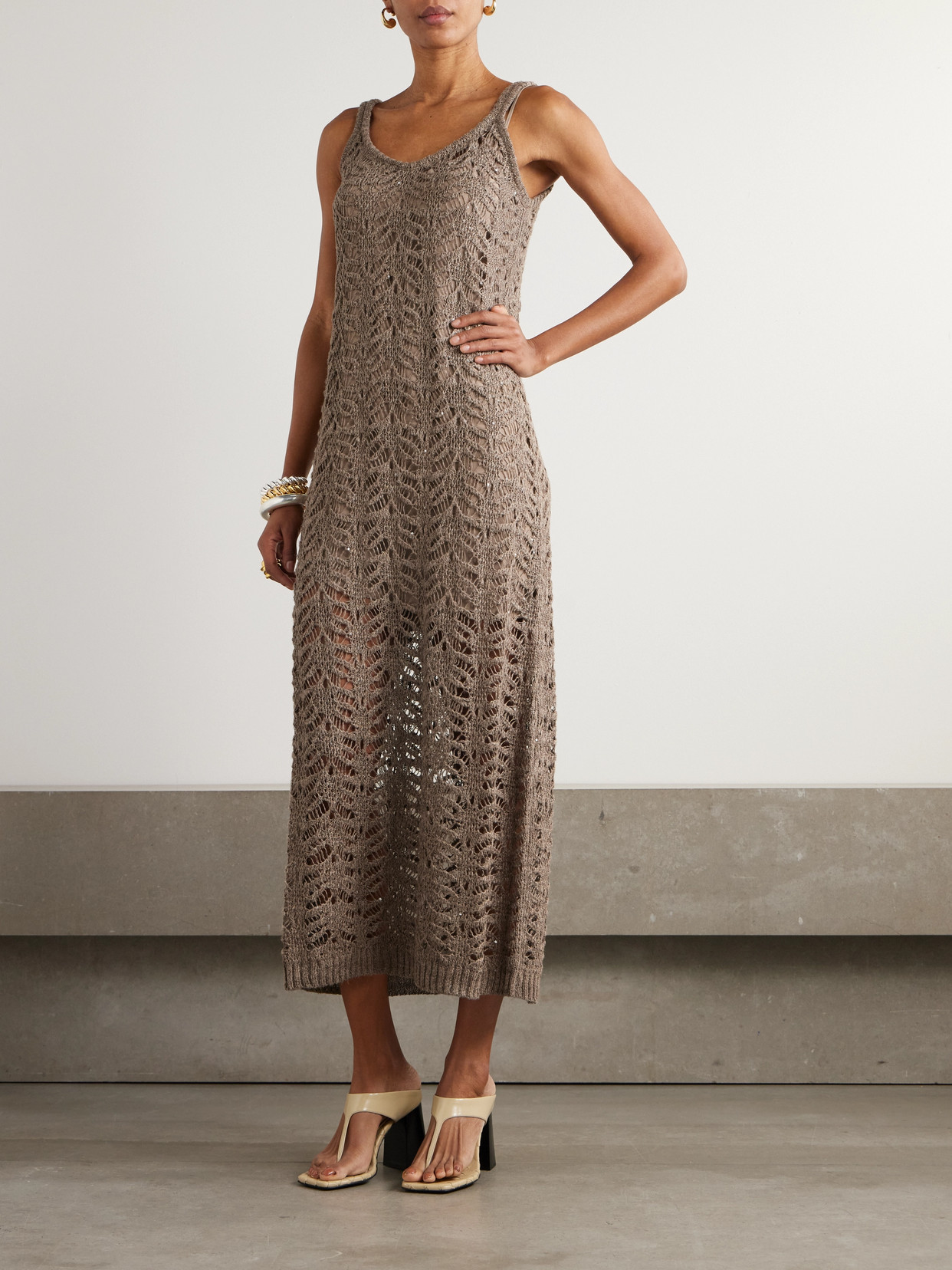 BRUNELLO CUCINELLI SEQUIN-EMBELLISHED OPEN-KNIT LINEN-BLEND MIDI DRESS