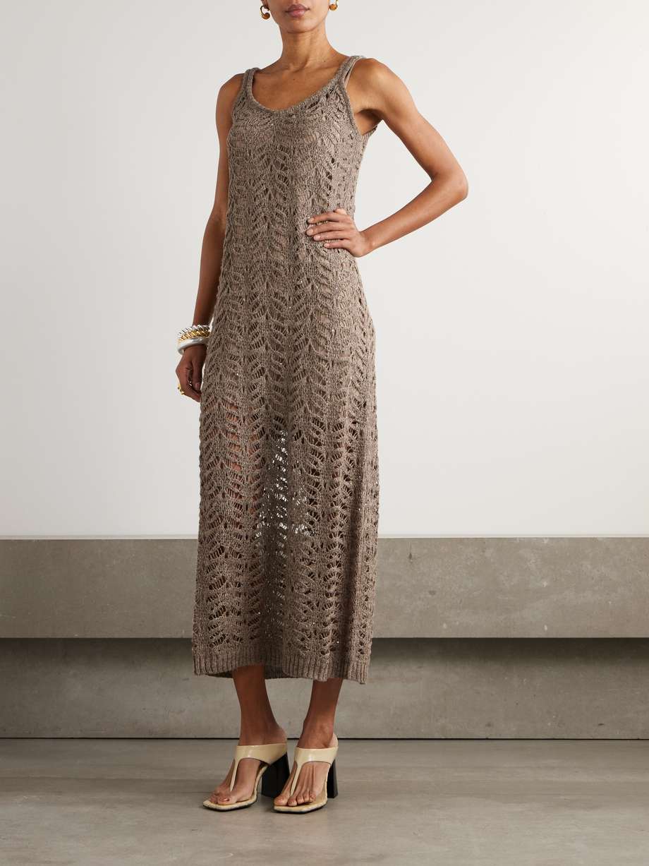 sequin-embellished open-knit linen-blend midi dress