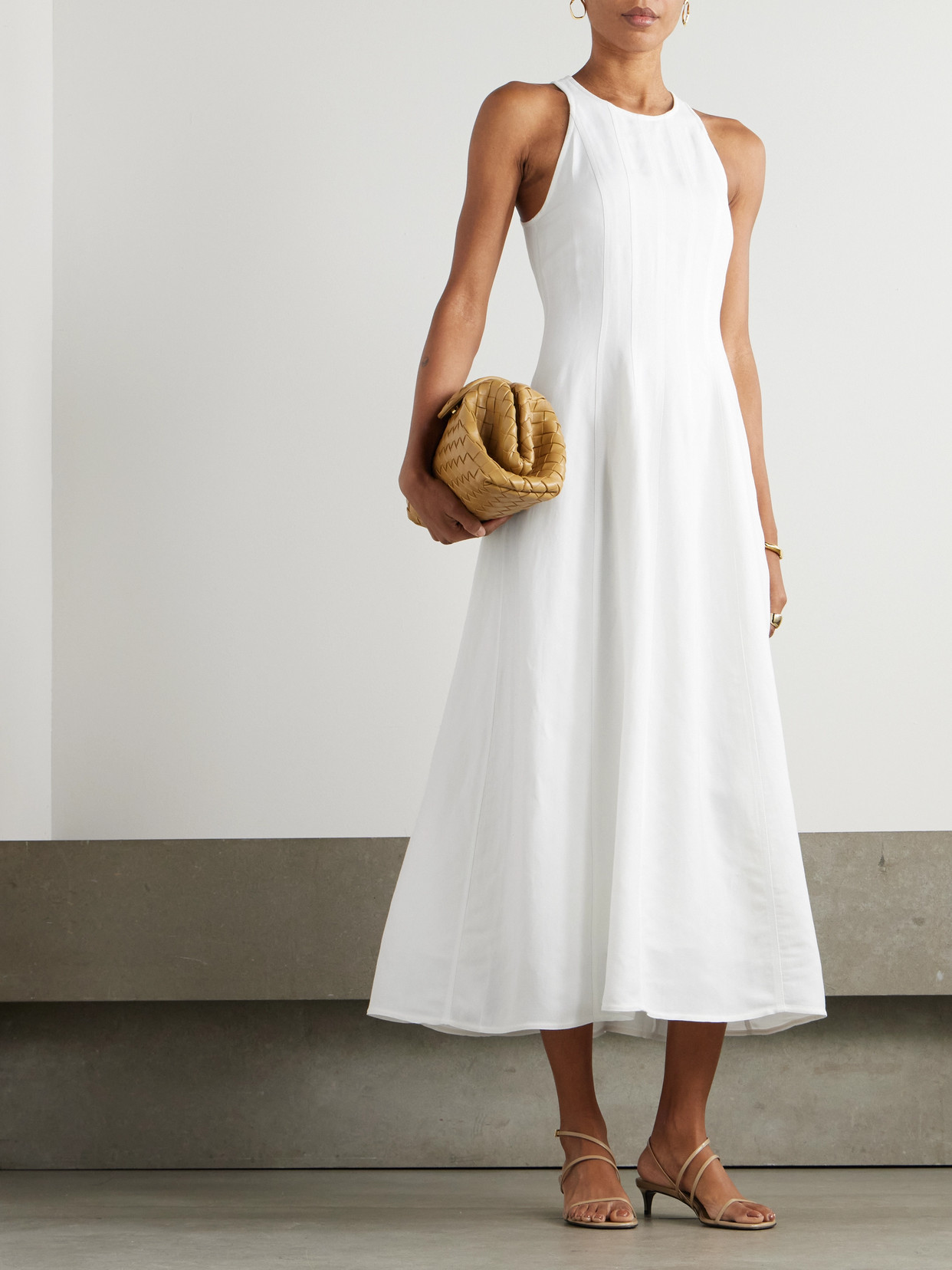 Brunello Cucinelli Paneled Twill Midi Dress In White