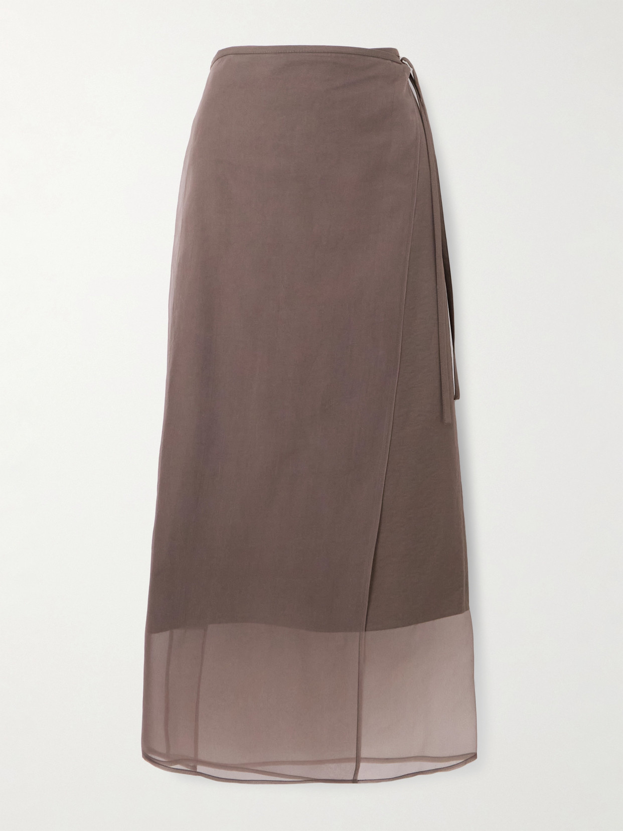 Brunello Cucinelli Organza-trimmed Cotton-blend Midi Wrap Skirt In Brown
