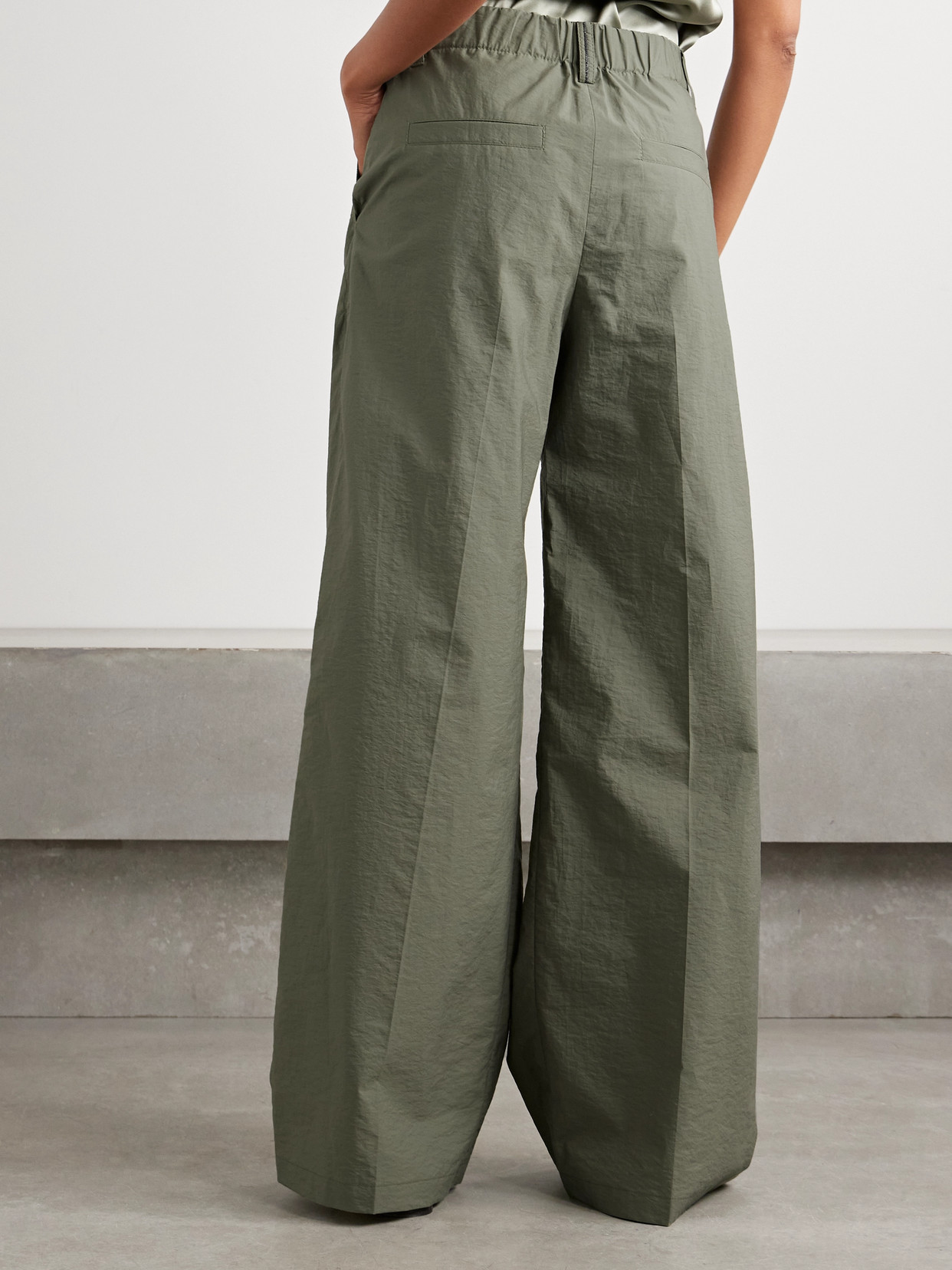 Brunello Cucinelli Pleated Cotton-blend Shell Wide-leg Pants In Green