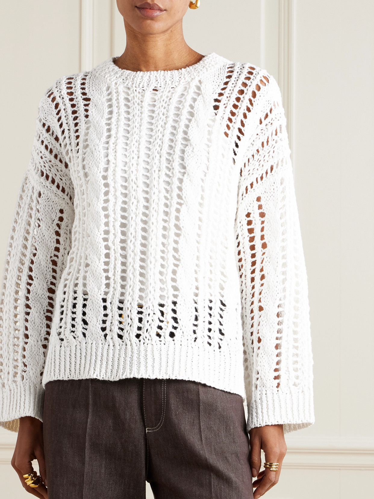 Brunello Cucinelli Open-knit Jute-blend Sweater In White
