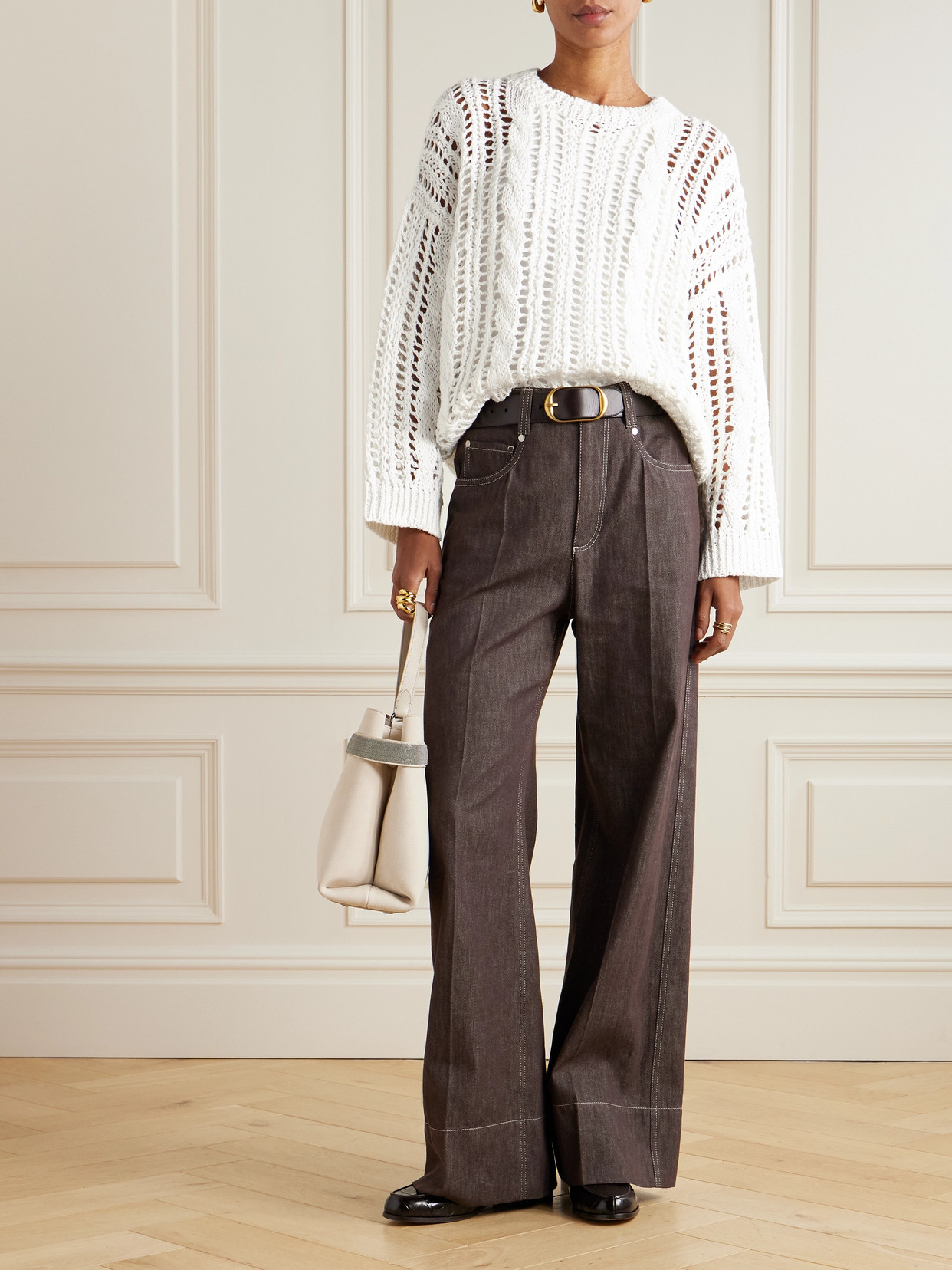 Brunello Cucinelli Open-knit Jute-blend Sweater In White