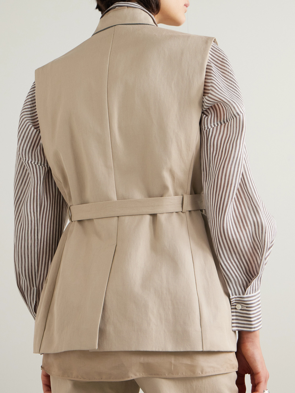 BRUNELLO CUCINELLI BELTED BEAD-EMBELLISHED ORGANZA-TRIMMED COTTON AND LINEN-BLEND TWILL VEST