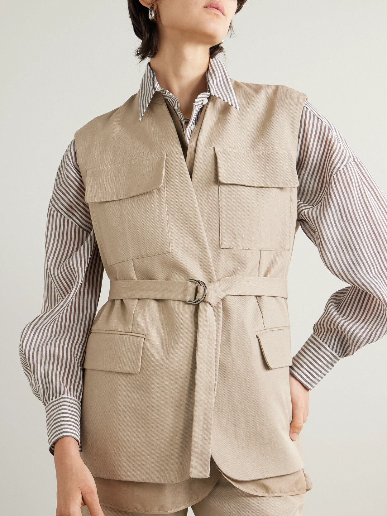 BRUNELLO CUCINELLI BELTED BEAD-EMBELLISHED ORGANZA-TRIMMED COTTON AND LINEN-BLEND TWILL VEST