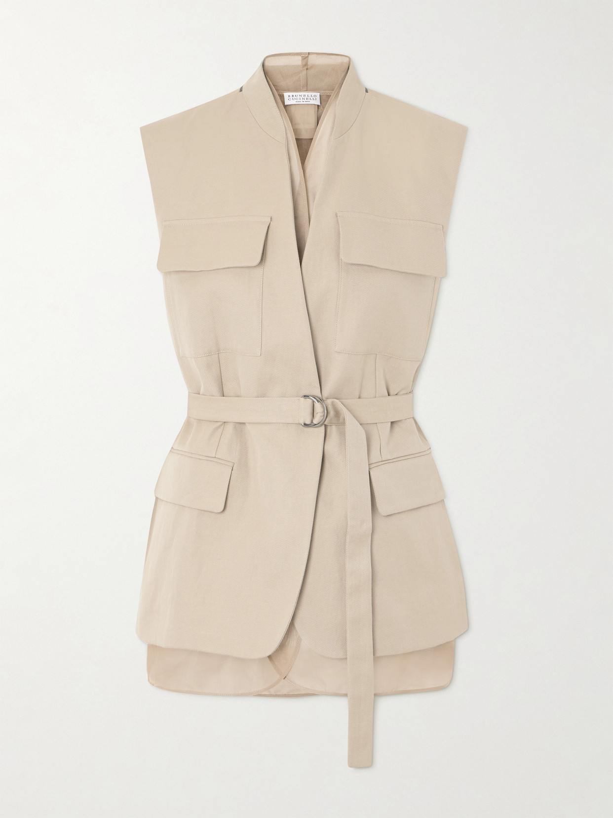 Brunello Cucinelli Belted Bead-embellished Organza-trimmed Cotton And Linen-blend Twill Vest In Neutrals
