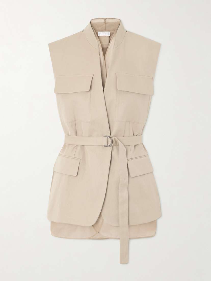 Brunello Cucinelli Belted Bead-embellished Organza-trimmed Cotton And Linen-blend Twill Vest