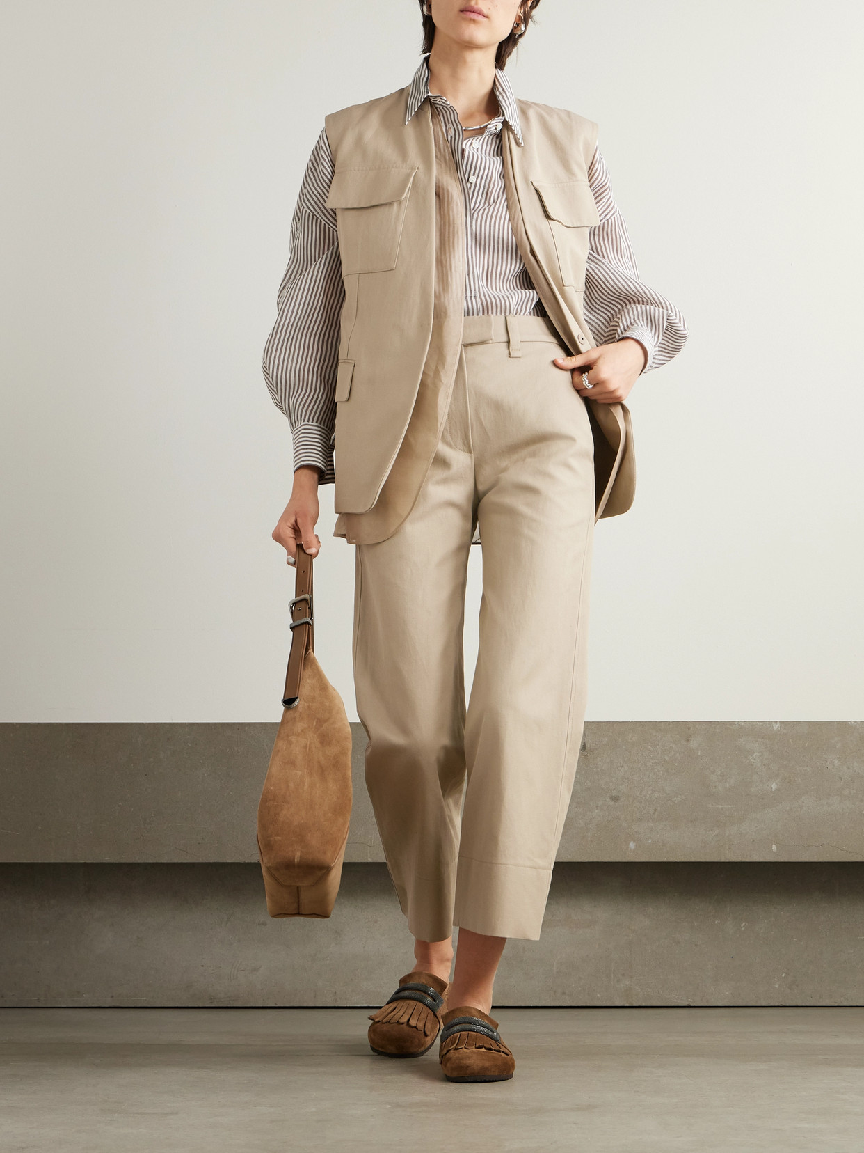 BRUNELLO CUCINELLI BELTED BEAD-EMBELLISHED ORGANZA-TRIMMED COTTON AND LINEN-BLEND TWILL VEST