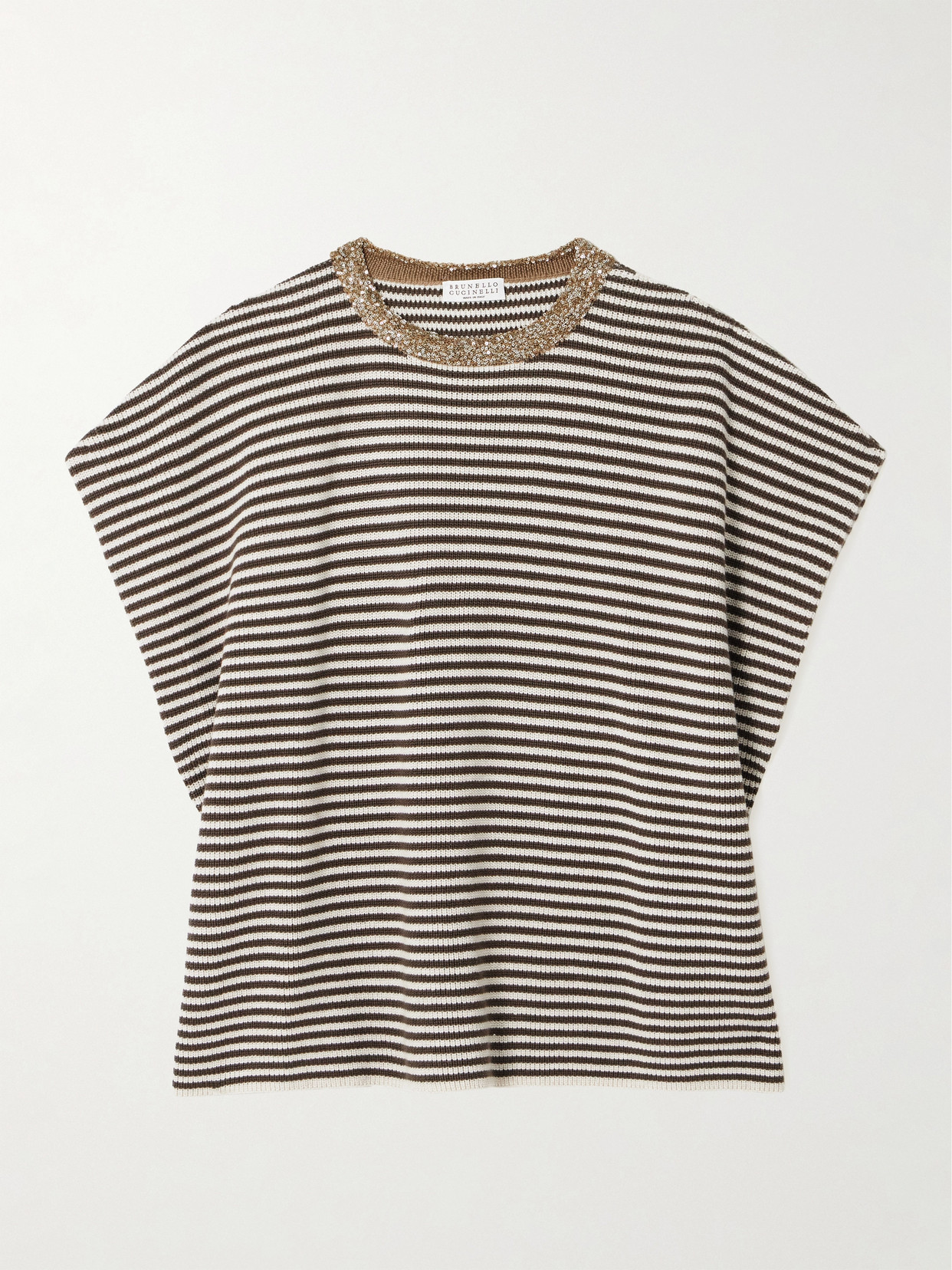 Brunello Cucinelli Embellished Striped Cotton Sweater In Brown